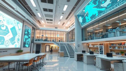 Fototapeta premium A futuristic, high-tech learning environment with sleek, modern classrooms, state-of-the-art laboratory facilities, and