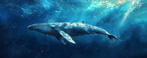Fototapeta premium Majestic whale swimming gracefully in ocean, showcasing its beauty and power in deep blue waters. serene environment highlights whales elegance and strength