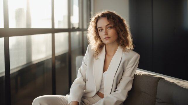 A woman in a white suit poses confidently in a minimalist, well-lit room with large windows.