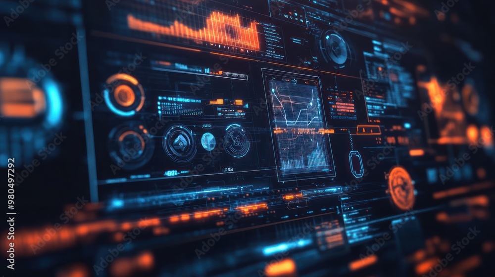 Poster high-tech digital interface with holographic icons and graphs, representing advanced software and vi