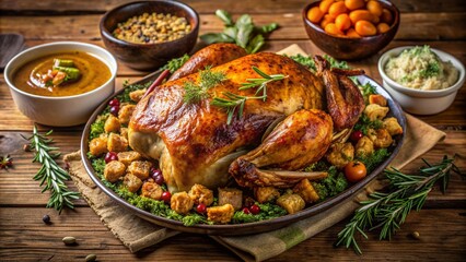 Fototapeta premium Golden-brown roasted turkey surrounded by savory homemade stuffing, crispy roasted vegetables, mashed sweet potatoes, and rich herb-infused gravy on a rustic wooden table.