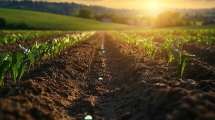High-tech sensors placed in soil to monitor moisture levels and nutrient content, with the sun setting over the fields in the background Close-up photo with clean background