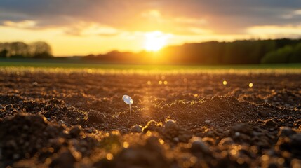 High-tech sensors placed in soil to monitor moisture levels and nutrient content, with the sun setting over the fields in the background Close-up photo with clean background