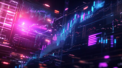 Obraz premium Innovative forex trading scene with futuristic graphs, candlestick charts, and glowing currency symbols hovering above a dynamic, dark-themed background, enhanced by subtle neon light effects