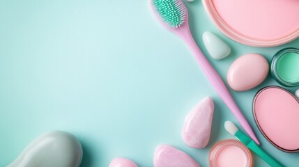 A toothbrush, makeup and other cosmetics are arranged on a table, AI