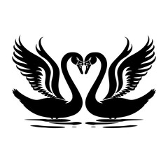 Obraz premium Romantic Black Swans Facing Each Other in Silhouette, Elegant silhouette of two black swans facing each other, wings spread, reflecting love and unity on calm waters. 