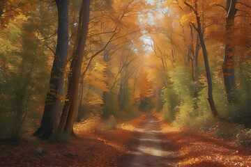 Obraz premium Vibrant Autumn Forest: A vast forest alive with the colors of fall—golden yellows, fiery reds, and burnt oranges. 