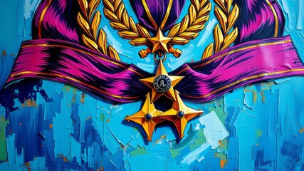 A heroic representation of an elite military honor, a wreathed citation and medal adorned with five-pointed stars,