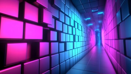 3D render, an abstract geometric background with neon blue and purple lights shining on the wall of blocks in a tunnel. 