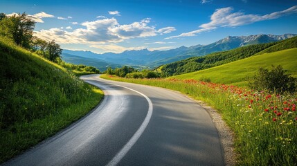 Majestic road winding through lush green countryside, lined with vibrant wildflowers under a bright blue sky, distant mountains in the background, capturing the serenity of rural life