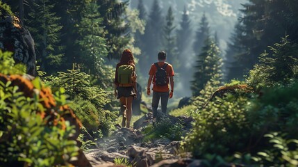 A couple hikes through a lush green forest with sunlight streaming through the trees. - Powered by Adobe