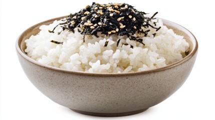 rice piled high above the rim of the bowl, forming a mound like a small mountain. The rice is fluffy and pristine white, with a generous portion of kimjaban (seasoned seaweed flakes) scattered on top