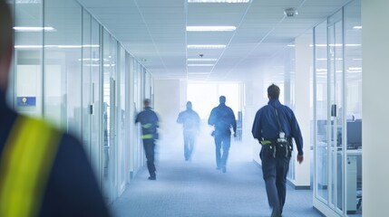Fototapeta premium High-key image of fire safety training session with silhouettes of two people walking in bright, smoky office environment
