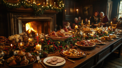Naklejka premium Elegant Christmas dinner table with roasted turkey, festive decorations, candles, and fireplace in a cozy holiday setting 