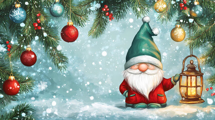 Christmas Card with Gnomes in winter scene with christmas tree, Lantern and bells, generated ai 