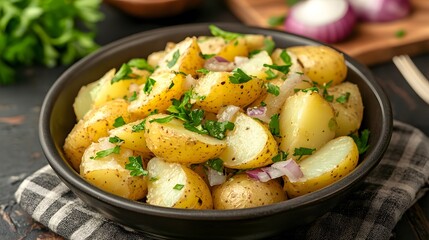 A bowl of creamy potato salad with fresh herbs.