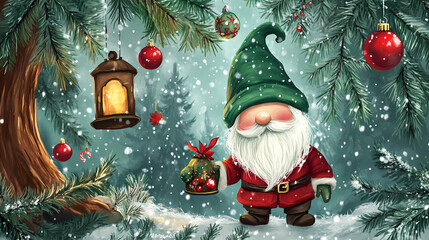 Christmas Card with Gnomes in winter scene with christmas tree, Lantern and bells, generated ai 