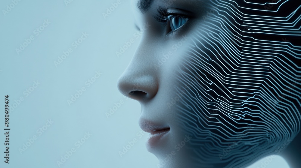 Poster A futuristic image of a woman's face with electronic circuitry, AI