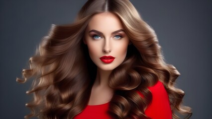 Naklejka premium Dark red hair close-up as a background. Women's long brown hair. Beautifully styled wavy shiny curls. Coloring hair with bright shades. Hairdressing procedures, extension.