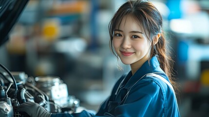 Female Mechanic Working on a Car Engine