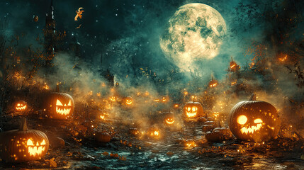 Obraz premium Spooky Halloween Pumpkin Patch Under Full Moon