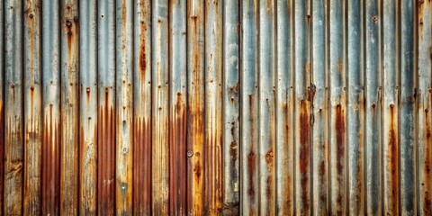 Weathered zinc fence with rustic texture and muted tones provides a distressed background with ample copy space for adding text, logos, or design elements.