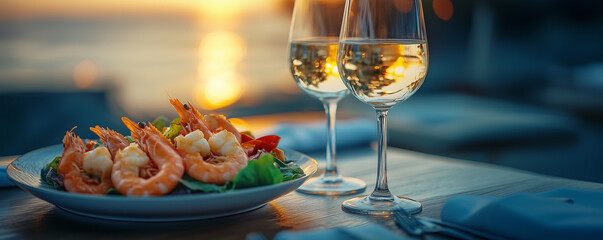 Grilled shrimps with salad and two glasses of white wine served on a restaurant table on the beach at sunset