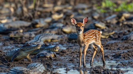 Fototapeta premium A cute fawn is drinking water in a dry marsh and many crocodiles stare at it. 