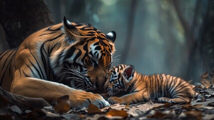 photograph of A tigress is laying down and feeding her cute fawn cub. 
