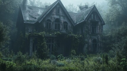 A large, abandoned house sits in the middle of the frame. The house is covered in vines and has boarded-up windows. There is a thick fog in the air, making the house look even more eerie.