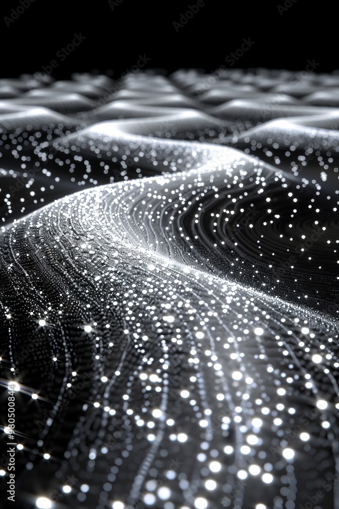 Poster flowing abstract pattern of interconnected glowing particles, lines, and dots on black background