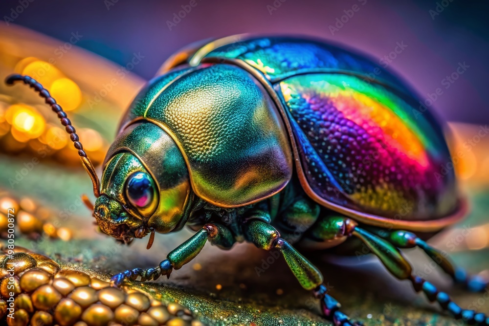 Poster vibrant macro photography of a beetle's mesmerizing iridescent shell, displaying intricate swirling 