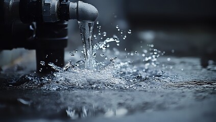 Closeup of water splashing from a faucet into a dark basin.