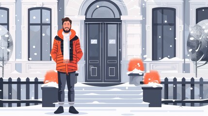 Obraz premium Handsome man standing outside building in winter wearing stylish jacket and scarf.