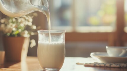 Close-up pouring fresh milk from the jug on table 