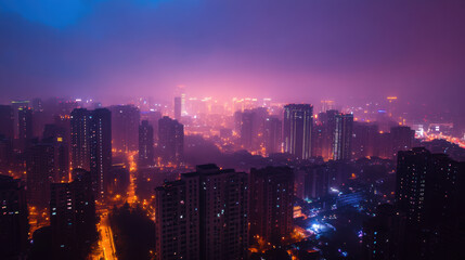 Obraz premium City skyline at night with lights illuminating buildings, creating vibrant yet moody atmosphere. scene captures essence of urban life under colorful haze