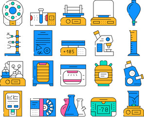 Laboratory Equipment For Analysis Icons Set Vector. Digital Scales And Microscope, Electronic Centrifuge And Heating Plate, Autoclave And Shaker Laboratory Tools Contour Illustrations