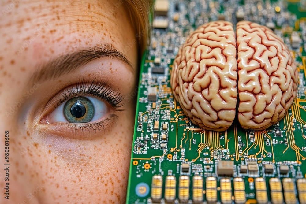 Poster close up of human eye next to a brain on a circuit board symbolizing ai driven neural enhancement an