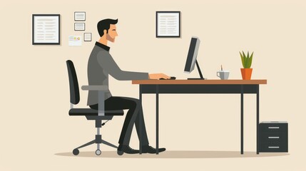 Fototapeta premium Cartoon man working enthusiastically on computer at desk in modern office.
