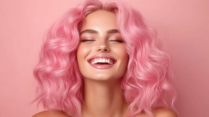 Fototapeta premium A woman with vibrant pink hair beams with happiness, showcasing her stylish look and positivity in an inviting atmosphere