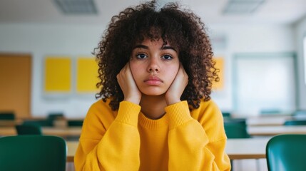 A teenage girl appears thoughtful and sad, resting her chin on her hands in a classroom during an unoccupied school day