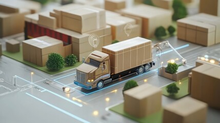 A digital illustration of a smart logistics concept with a truck driving through a network of connected roads among parcels, symbolizing efficient transportation and delivery.