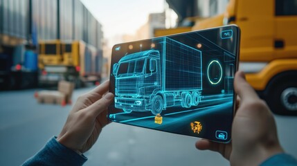 A person holding a tablet displaying an augmented reality (AR) hologram of a semi-truck, with a real truck in the background on a city street.