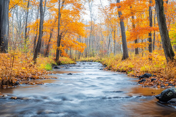 A serene autumn landscape with a stream flowing through a forest, lined with colorful foliage on the banks, capturing the peacefulness and natural beauty of fall