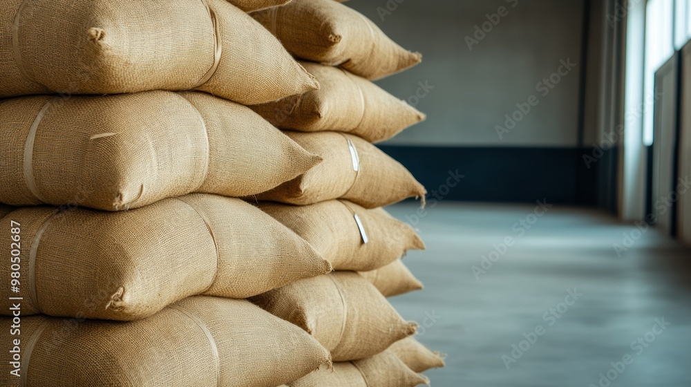 Poster burlap sacks are neatly stacked in a spacious warehouse, indicating efficient storage of bulk materi