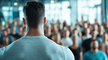A man stands in front of a large crowd in a gym, motivating and instructing participants during an engaging group workout session