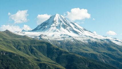 A majestic snow-capped peak reaches for the sky, its rugged slopes and glacier-carved valleys cutting through the misty