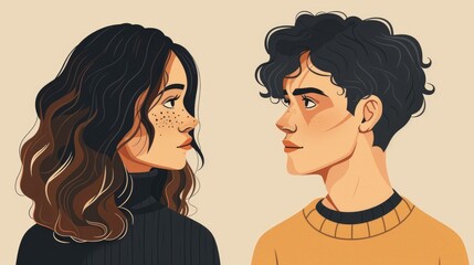 An attractive couple exchanging loving glances on Valentine's Day against a simple background.