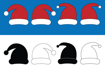 Santa Claus Hats set. Winter cap. Santa red hats with white fur. Vector Santa Claus hat collection. Vector illustration. Isolated Christmas holiday vector decoration.