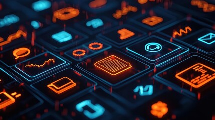 A digital financial planner surrounded by glowing icons, representing efficient budgeting and savings management through digital banking